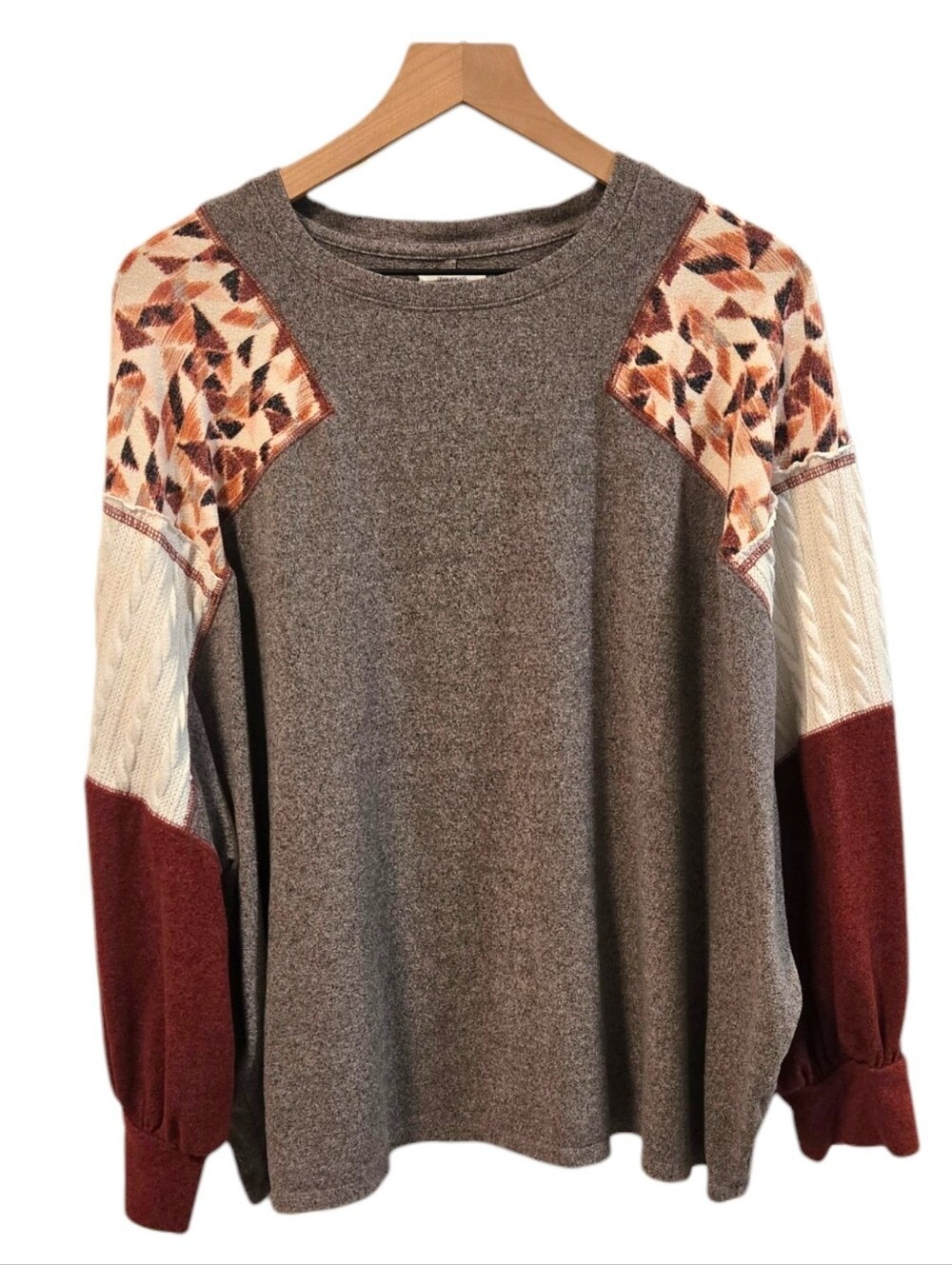 Maurices Patchwork Sleeve Mixer Cable Knit Geo-Print Colorblock Tee Size 2X